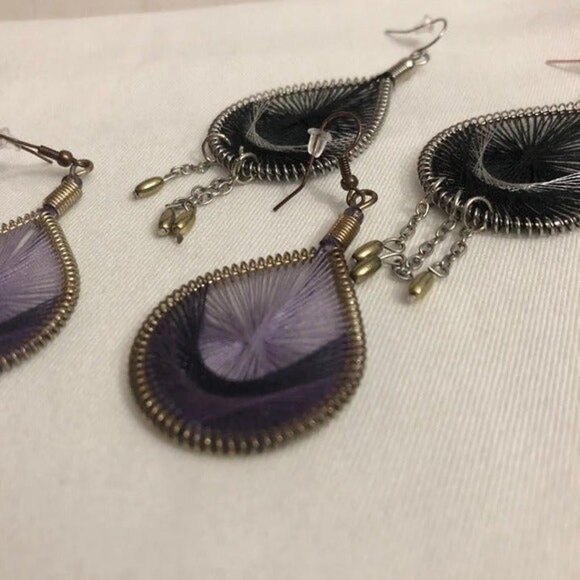 Teardrop Web Dangle Pierced Earrings Purple Black 2 Pairs - Picture 4 of 6